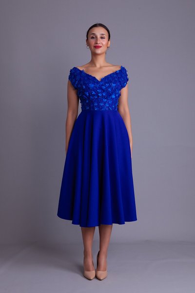 Sax Çiçekli Midi Kayık Yaka Tül Detay Abiye Elbise