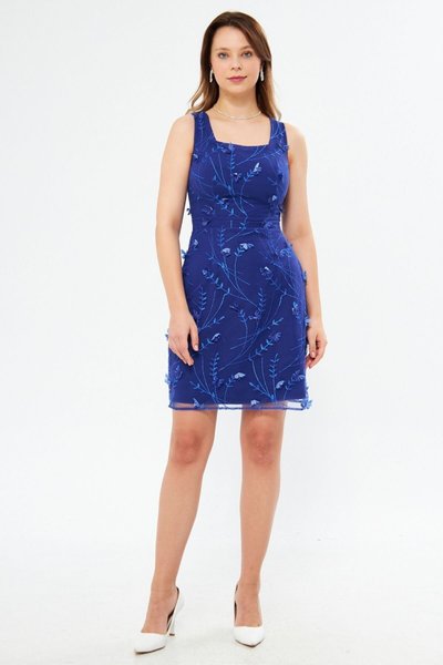 Sax Mavi Kelebek Dantel Mini Boyutlu Kare Yaka Abiye Elbise