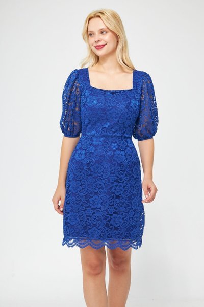 Sax Mavi Mini Fransız Dantel Balon Kol Kare Yaka Abiye Elbise