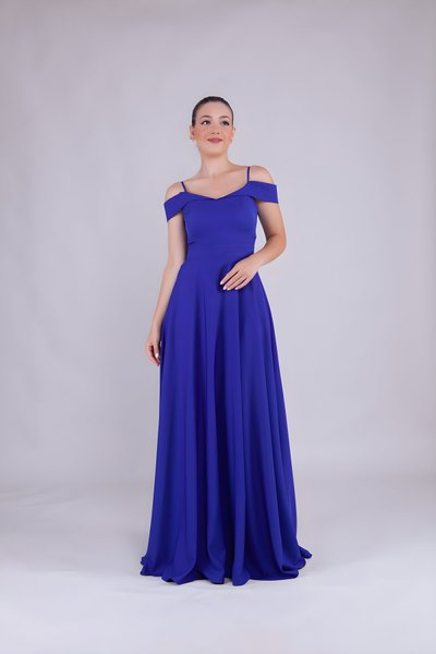 Long Strappy Off-Shoulder Evening Dress - Sax Blue