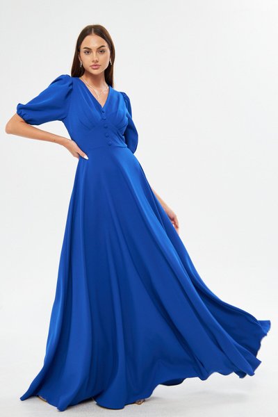 Sax Mavi Uzun Balon Kol V Yaka Korsaj Kemer Detay Abiye Elbise