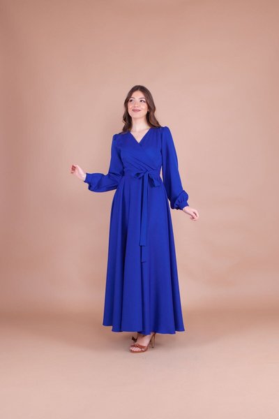 Long Belted Wrap Neck Dress - Sax Blue