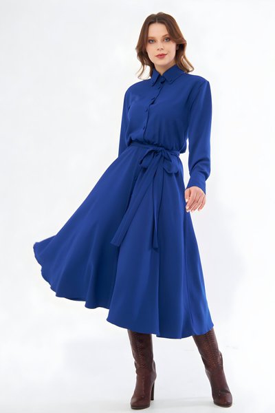 Midi Long-Sleeve Belted Elasticated-Waist Pocketed Shirt Dress - Sax Blue