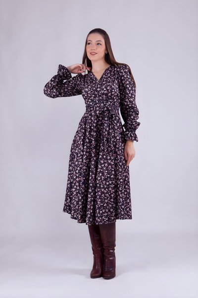 Midi Long Sleeve Floral Velvet Wrap Dress - Black