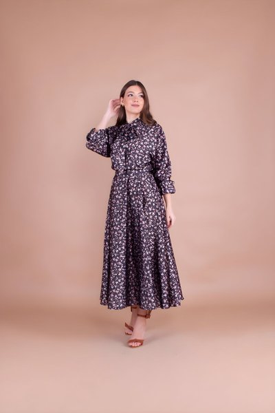 Long Floral Print Satin Batwing Sleeve Dress - Black