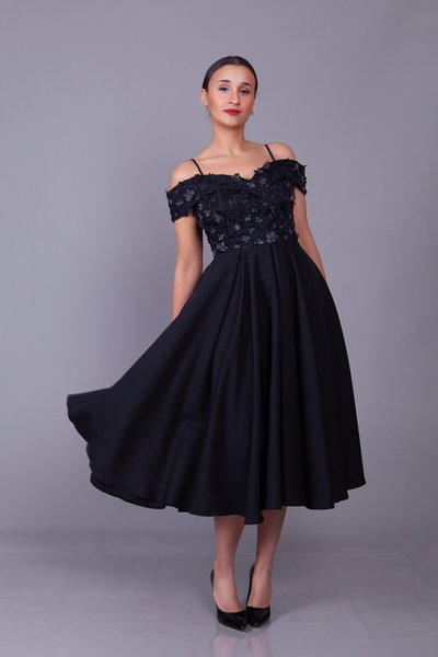 Midi Flared Floral Tulle Detail Strappy Off-Shoulder Evening Dress - Black