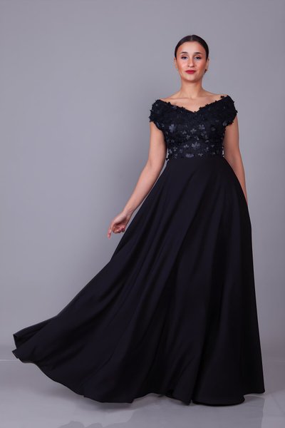 Long Floral Tulle Detail Boat Neck Evening Dress - Black
