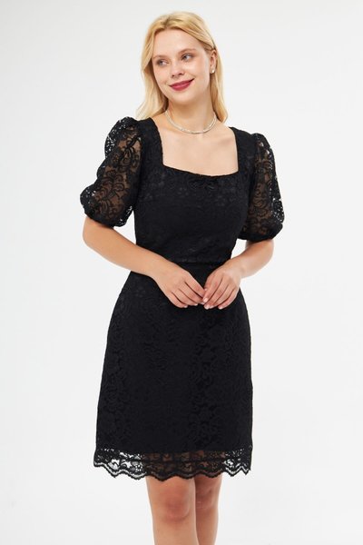 Siyah Fransız Dantel Mini Kare Yaka Balon Kol Abiye Elbise