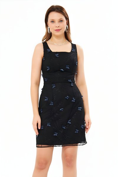 Mini Butterfly Lace Square-Neck Evening Dress - Black