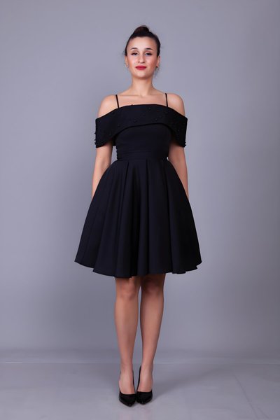 Midi Strappy Boat Neck Pearl-Detail Evening Dress - Black