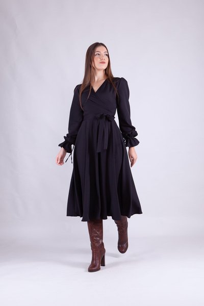 Midi Long Sleeve Wrap Neck Dress - Black