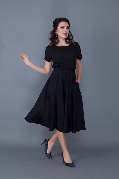 Siyah Midi Yarasa Kol Beli Lastikli Cepli Elbise