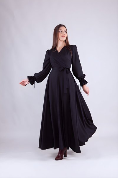 Long Sleeve Wrap Collar Dress - Black
