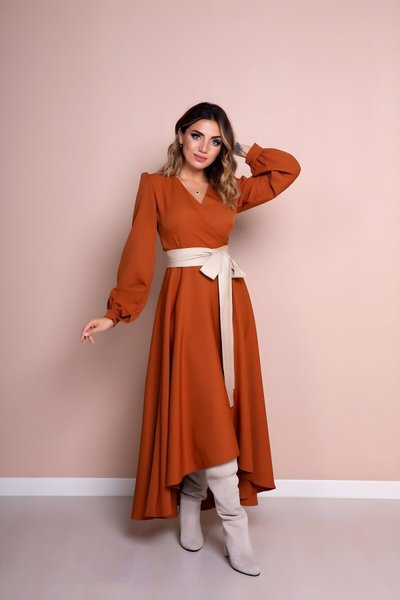 Asymmetric Cut Long Sleeve Leather Belted Dress - Cinnamon Cream