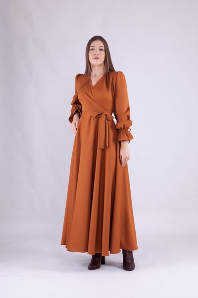 Tarçın Uzun Kol Kruvaze Yaka Elbise