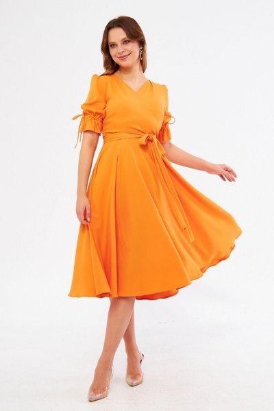 Turuncu Midi Kruvaze Yaka Büzgülü Kolları Lastikli Kuşaklı Elbise