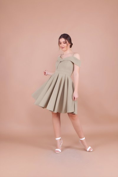 Mini Pleated Strappy Off-Shoulder Detail Evening Dress - Oil Green