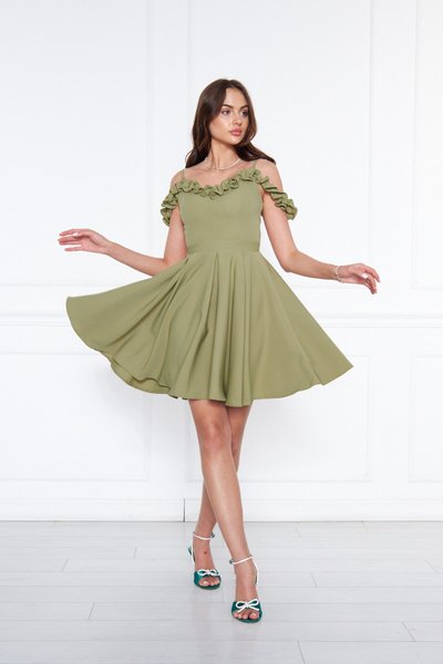 Yağ Yeşili Pileli Mini Kloş Ayarlanabilir Askılı Fırfır Detaylı Abiye Elbise