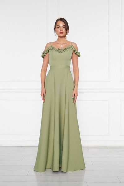 Yağ Yeşili Uzun Kloş Fırfır Detaylı Abiye Elbise