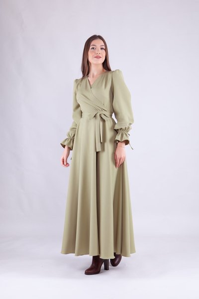 Long Sleeve Crossover Neck Dress - Oil Green