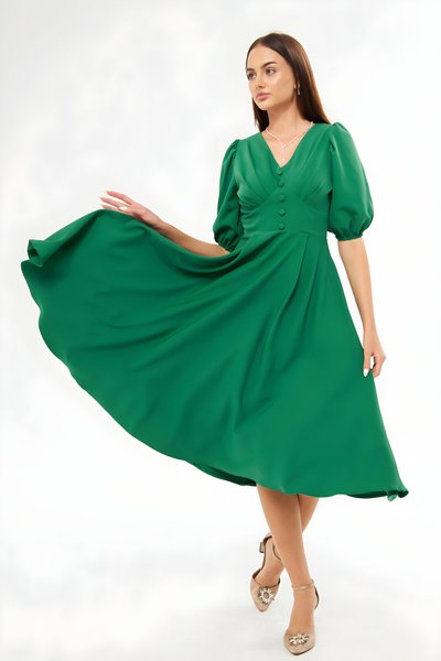 Midi V-Neck Balloon Sleeve Corset Belt Detail Evening Dress - Green