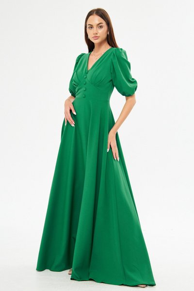 Yeşil Uzun Balon Kol V Yaka Korsaj Kemer Detaylı Abiye Elbise