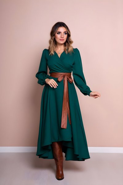 Asymmetric Cut Long Sleeve Leather Belted Dress - Emerald