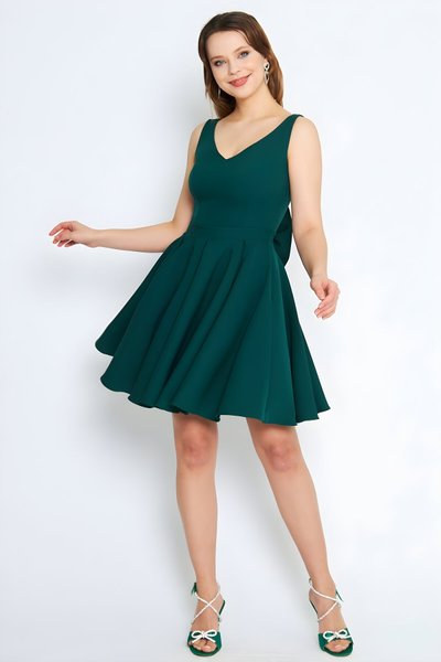 Mini Flared V-Neck Back-Bow Detail Evening Dress - Emerald
