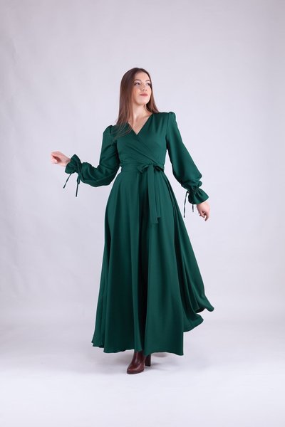 Zümrüt Uzun Kol Kruvaze Yaka Elbise