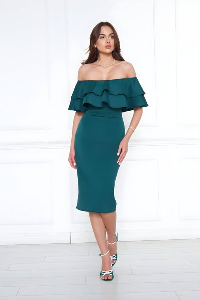 Zümrüt Yeşili Midi Kalem Karmen Yaka Abiye Elbise