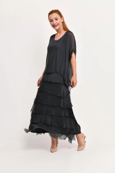 Long Slimming Italian Fit Layered Silk Half Sleeve Dress - Anthracite