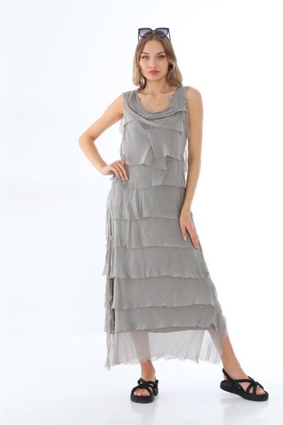 Long Italian Fit Layered Slimming Silk Dress - Beige