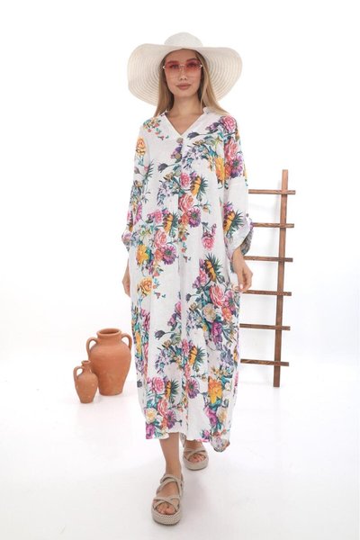 Long Plus Size Bohemian Linen Digital Floral Print V-Neck Shirt Dress - White
