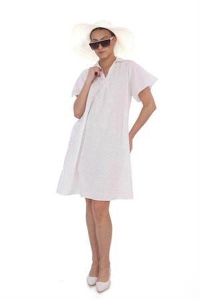 Beyaz Yarım Kol V Yaka Keten Elbise