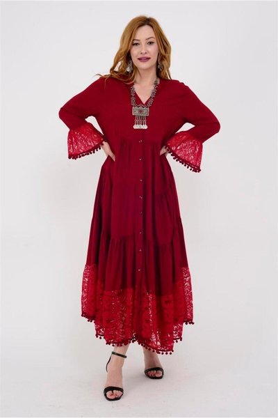 Long Pompom-Accented Lace Detail Dress - Burgundy