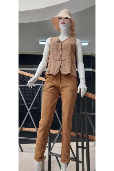 Camel Fitilli Kadife Skiny Likralı Kemerli Pantolon