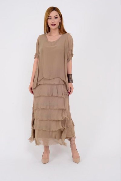 Long Slimming Italian Fit Silk Half Sleeve Dress - Camel