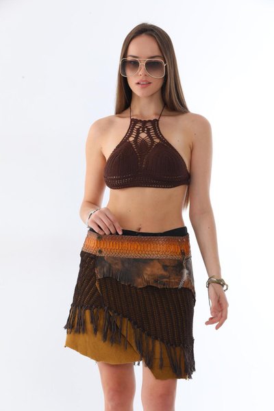 Mini Boho Snake Skin Patterned Braided Belted Skirt - Camel