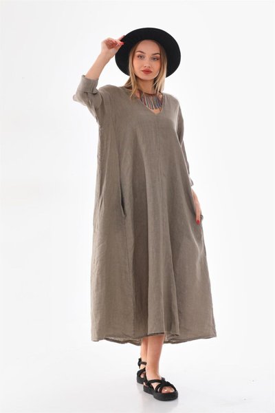 Long Sleeve Italian Linen V-Neck Dress - Khaki