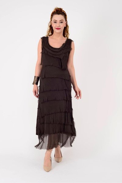 Long Italian Fit Layered Silk Slimming Dress - Brown