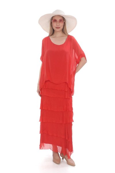Long Slimming Silk Half-Sleeve Dress - Red