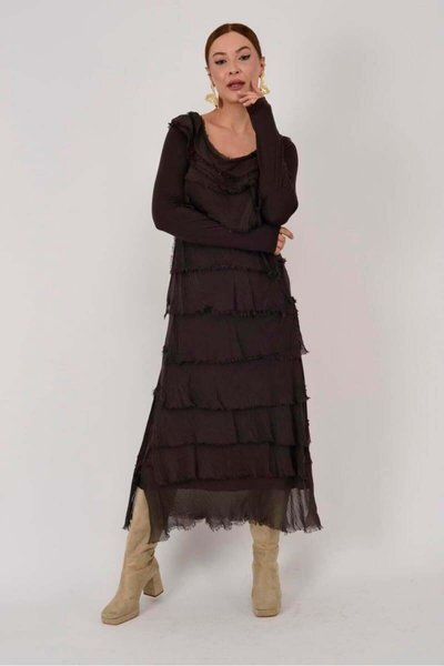 Long Sleeve Stone Washed Silk Pleat Detailed Dress - Dark Brown