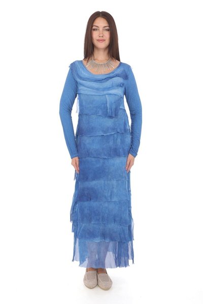 Mavi Taşlanmış İpek İtalyan Beden Uzun Kol İnce Gösteren Kat Elbise