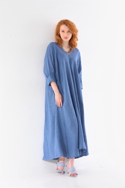 Long Sleeve Linen Italian V-Neck Dress - Petrol Blue