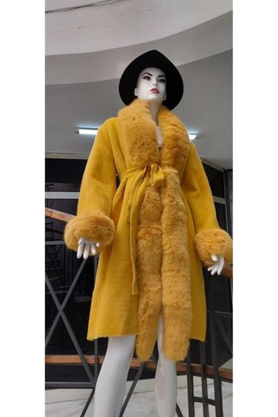 Sarı Uzun Angora Pula Yakalı Komple Kürklü Kaban