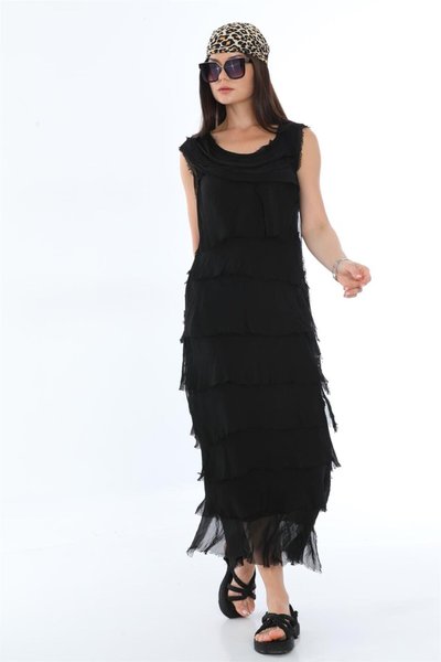 Long Layered Silk Slimming Effect Dress - Black