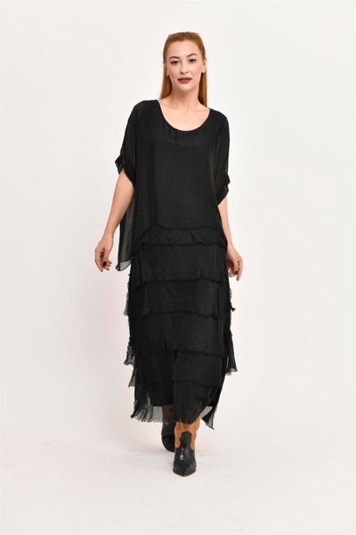 Long Slimming Italian Fit Layered Silk Half Sleeve Dress - Black