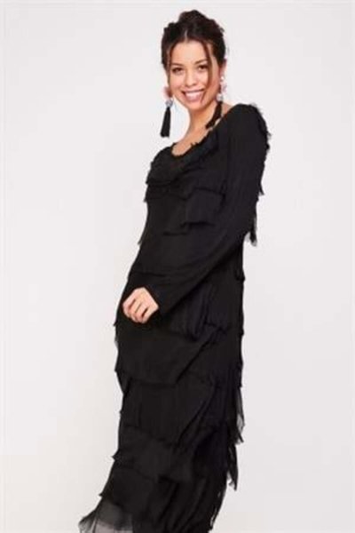 Long-Sleeve Italian Fit Slimming Stonewashed Silk Dress - Black