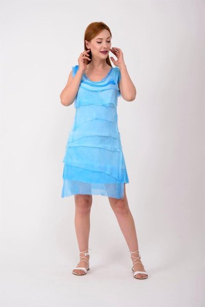 Mini Stone-Washed Silk Tiered Dress - Turquoise