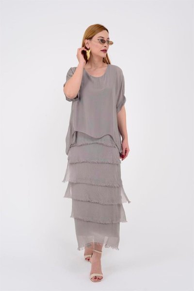 Vizon İtalyan Beden Uzun Yarım Kol İnce Gösteren İpek Elbise